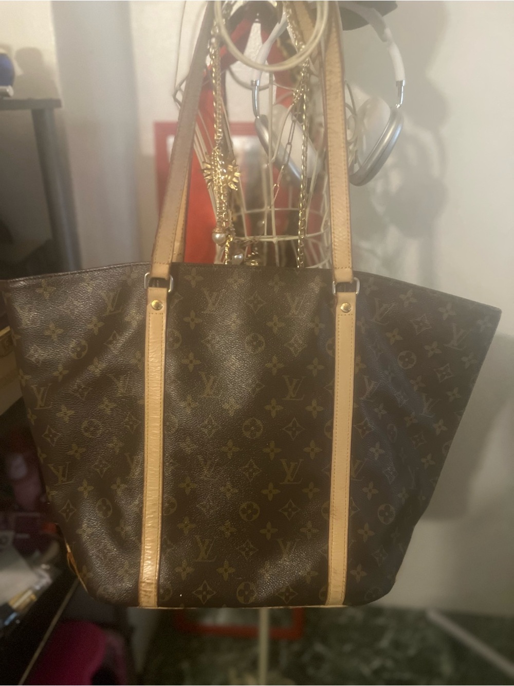 Lv Monogram Canvas Tote with Natural Leather Straps - Brown
